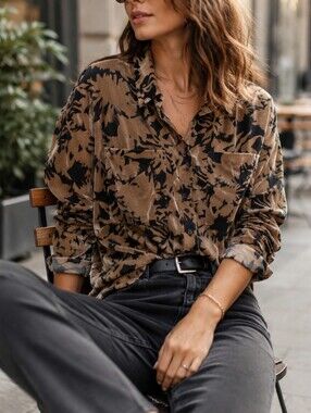 Papillon Blanc Brown & Black Abstract Floral Button-Down Shirt Velvet Burn-out